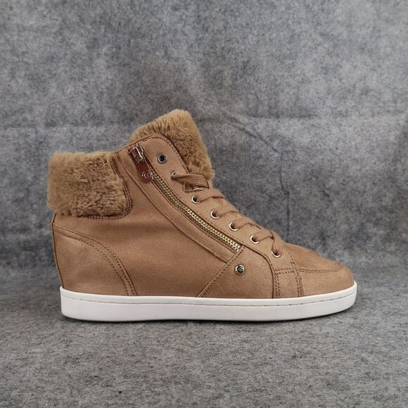 Guess Shoes Womens 9 Fashion Sneakers Hidden Wedge Lace Up Brown Faux Fur Casual - Picture 2 of 13